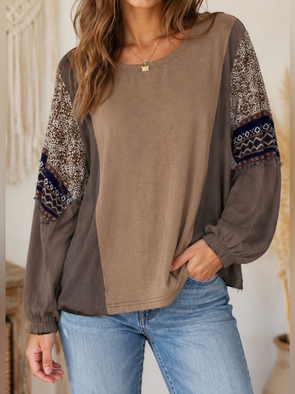 Easel Taupe and Brown Patchwork Long-Sleeve Blouse - Size L